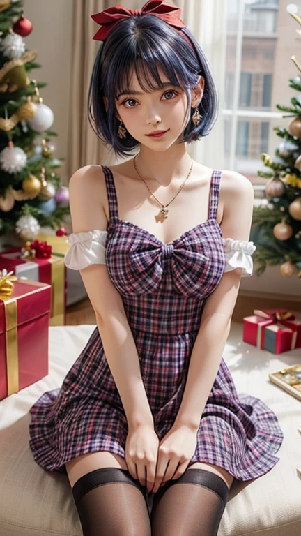 One girl, bangs, Blue Hair, bow, box, bracelet, Christmas, Christmas tree, Cowboy Shot, dress, Earrings, Fishnet tights, flower, gift, gift box, hair ornaments, Hamel, jewelry, View Viewer, Multicolored Hair, necklace, pantyhose, Lips parted, Purple eyes, red dress, ribbon, Rose, short hair, smile, alone, Knee socks