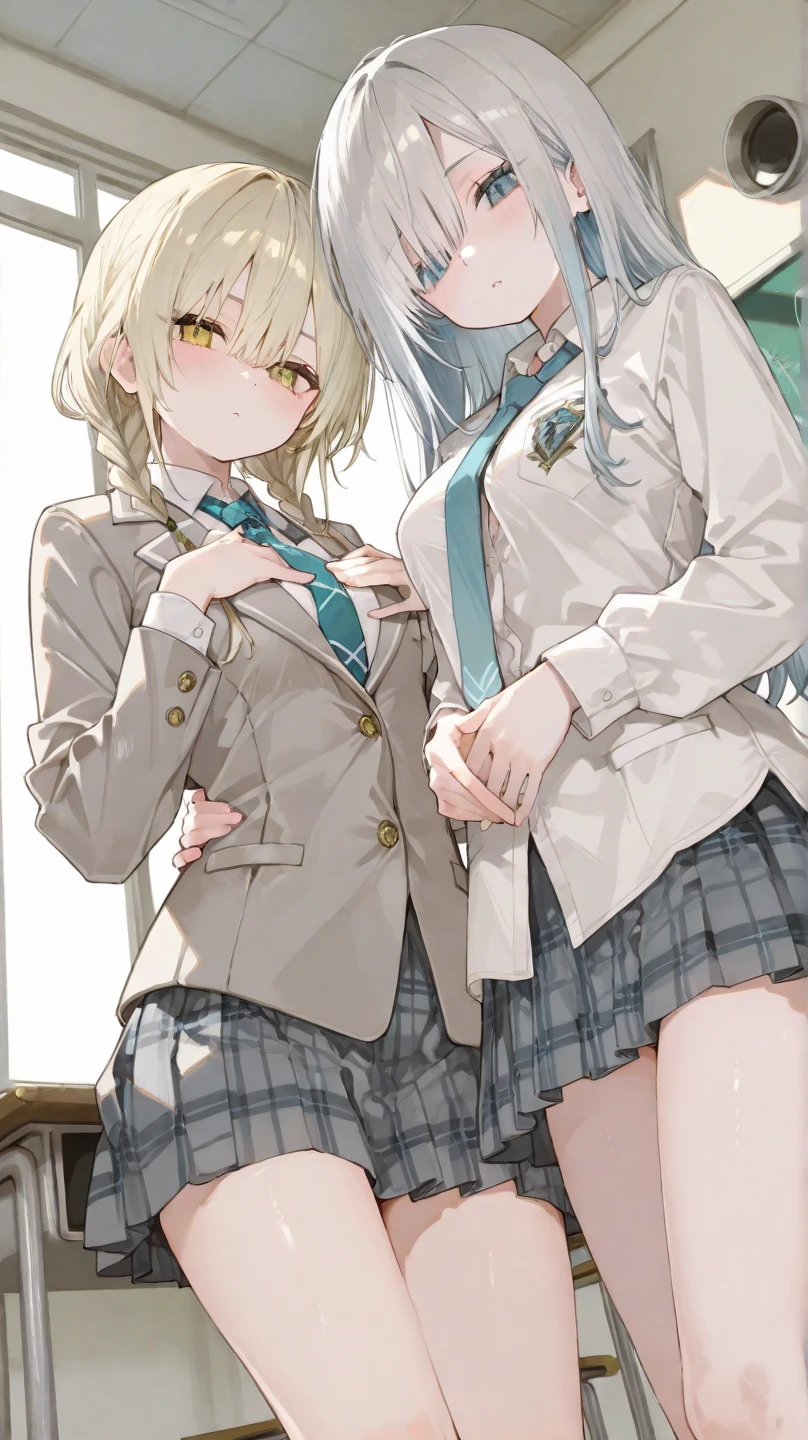1girl, Green Eyes, Grey Hair, hair ornaments, Animal ears, Small breasts,uniform,Navy Blue Blazer,White shirt,Pink ribbon,Grey Skirt,No underwear,{{2boys,69,pussy juice,}},