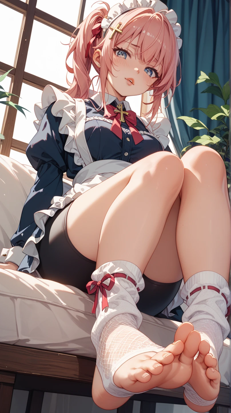 masterpiece, best quality, newest,Anime female characters, masterpiece, best quality,1girl, lisbeth \(sao\), sword art online,Sexy thighs, Look from the feet, Soles, , very beautiful、White garter stockings