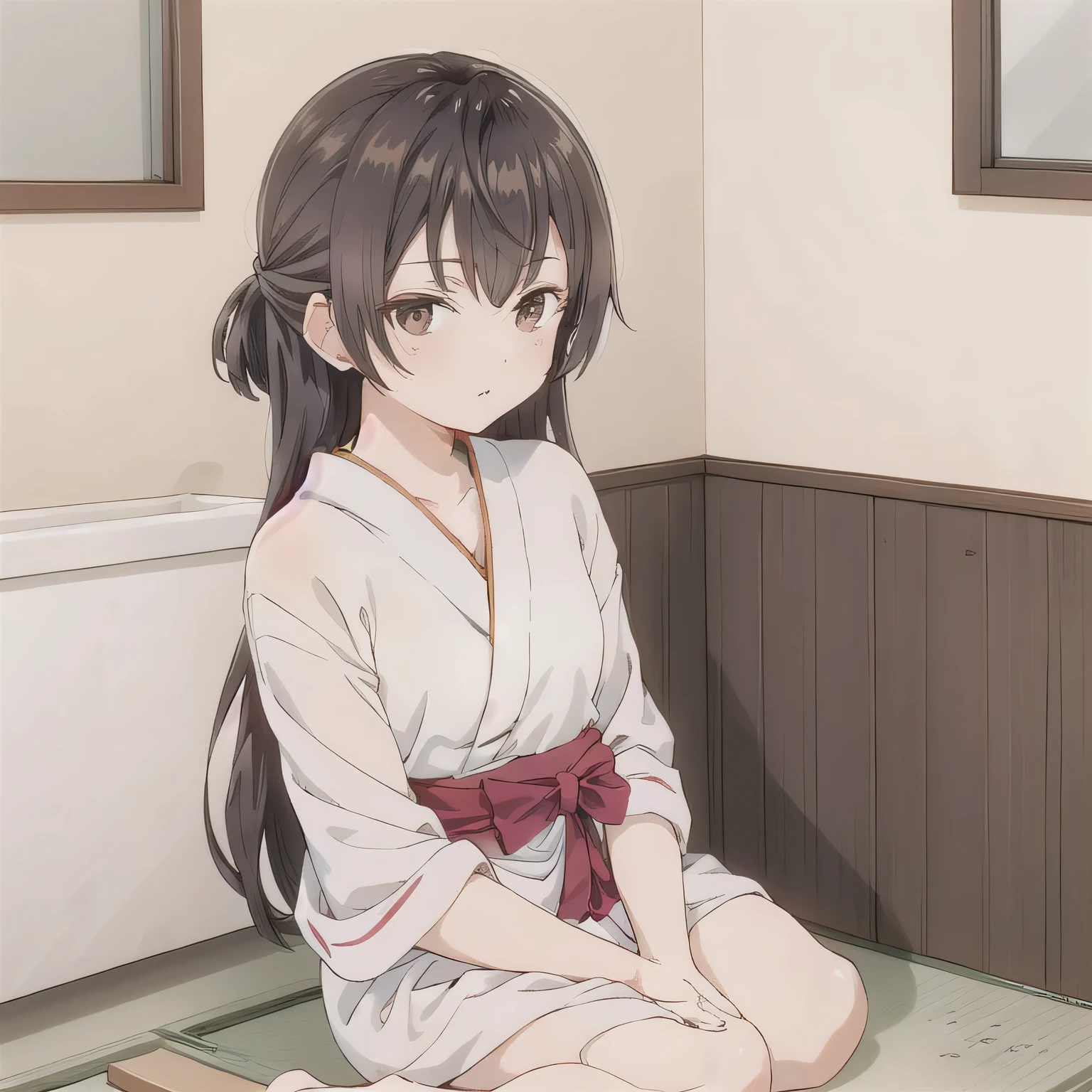 A beautiful woman in a A narrow, compact Japanese bathroom, with tiled walls, a small bathtub, and a wooden stool beside it. Steam fills the room., sitting in seiza style , politely waiting to greet someone.The character is wrapped in a towel around the body. Long hair, dark hair, brown eyes.