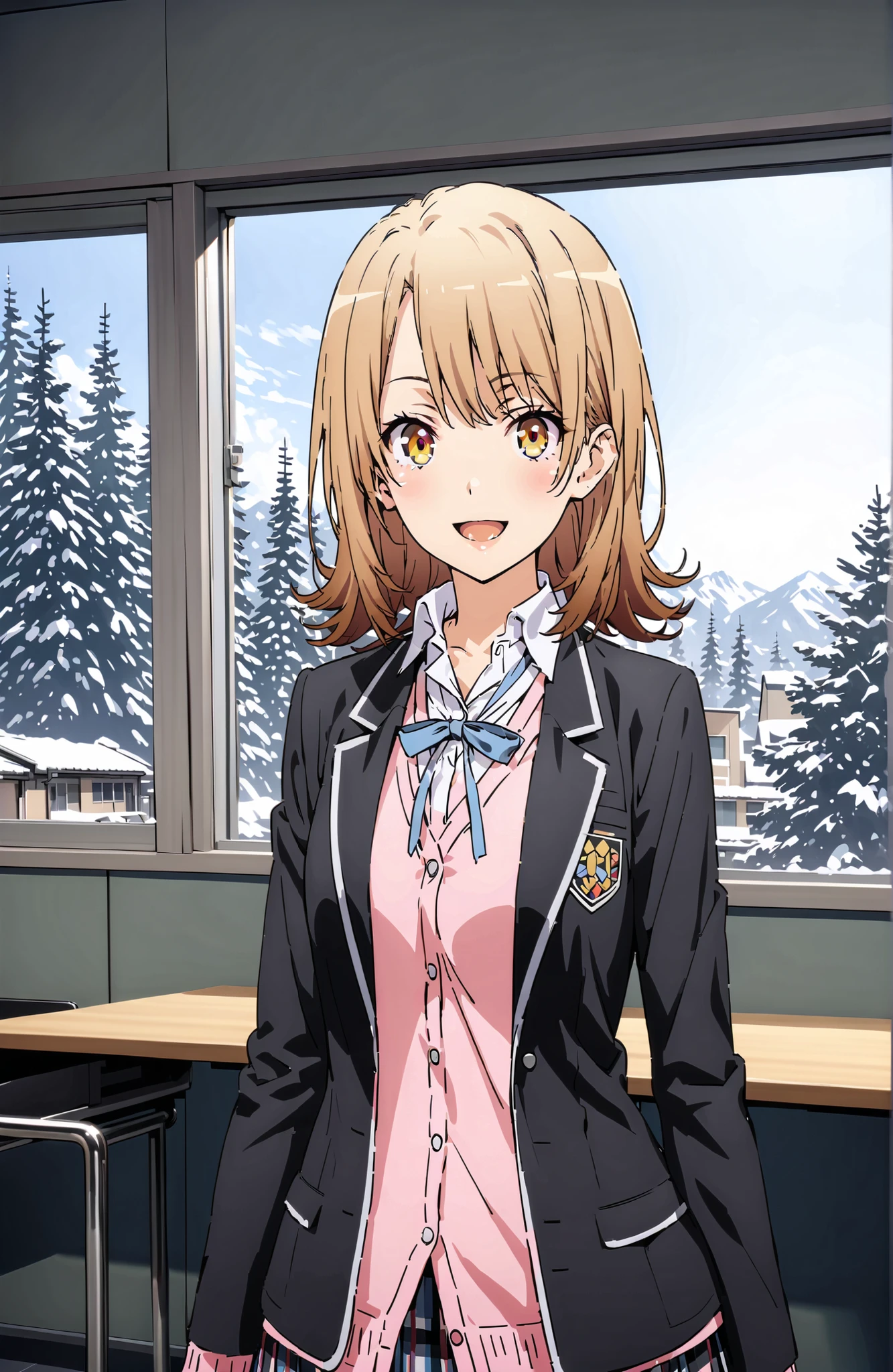 Irohaisshiki, Ishizaki Iroha, solo,short hair, brown eyes,brown hair,smile,blush,open your mouth,skirt for ears, shirt, ribbon, uniform, jacket, white shirt, opens clothes, open jacket, black jacket, plaid, plaid skirt for ears, blazer, cardigan,pink cardigan, sobu high uniform, Flower blowing snow,Holding a bouquet of flowers with both arms,standing,Beautiful Scenery, Beautiful Streetscapes,noon,full bodyがillustrationsに入るように,break indoors, Classroom,
break looking at viewer,full body,
break (masterpiece:1.2), top quality, high resolution, Unity 8k 壁紙, (illustrations:0.8), (beautiful detailed eyes:1.6), Highly Detailed Faces, perfect lighting on the table, extremely detailed CG, (perfect hand, perfect anatomy),