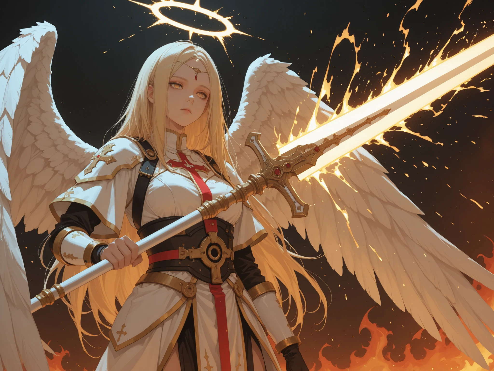 Female angel of salvation, expressionless, holy spear, Holy Sword, Fire of purification, Pouring Thunder, dynamic,