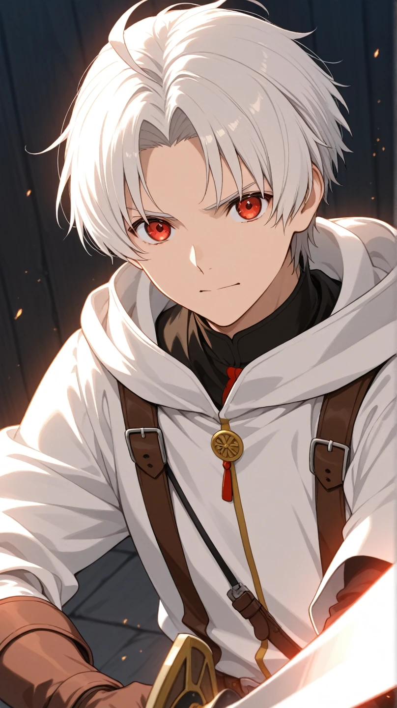 naughty man,1 young boy,Eyes red,male focus,standing alone,hooded cloak,mitts,gazing at viewer,hair between the eyes,cloused mouth,hooded cloak down,trunk,black mitts,jaket,ashen hair,bangss,crossed arms,White hair,trench coat,serious,scowl,