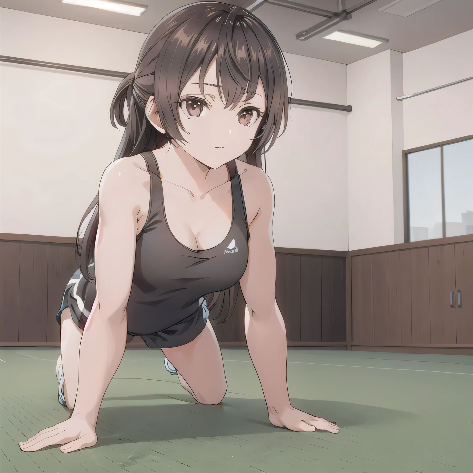 A person doing a plank exercise on a mat in a fitness gym, minimal equipment, bright interior.  Long hair, dark hair, brown eyes.