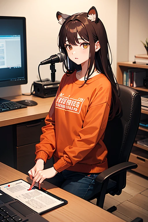 1 girl,with curly brown hair with yellow highlights, wearing black and white yellow tomboy clothes, sitting on a gaming chair, in front of a computer, no quarto escuro