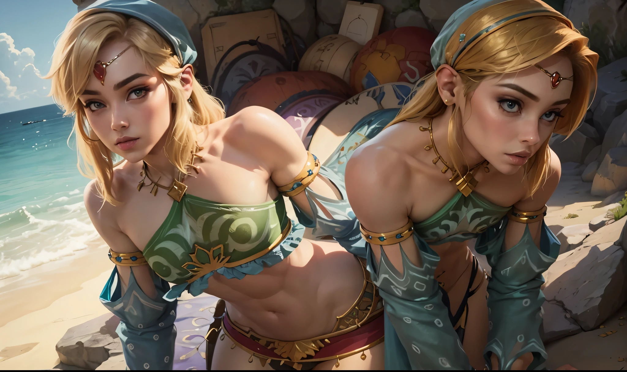 ((work of art)), ((best qualityer)), (detailded), perfect, standing alone, link, beautiful boy, Delicious lips, hair blonde, sexly, wearing Gerudo bikini set. Deitado sexly bunda pra cima.