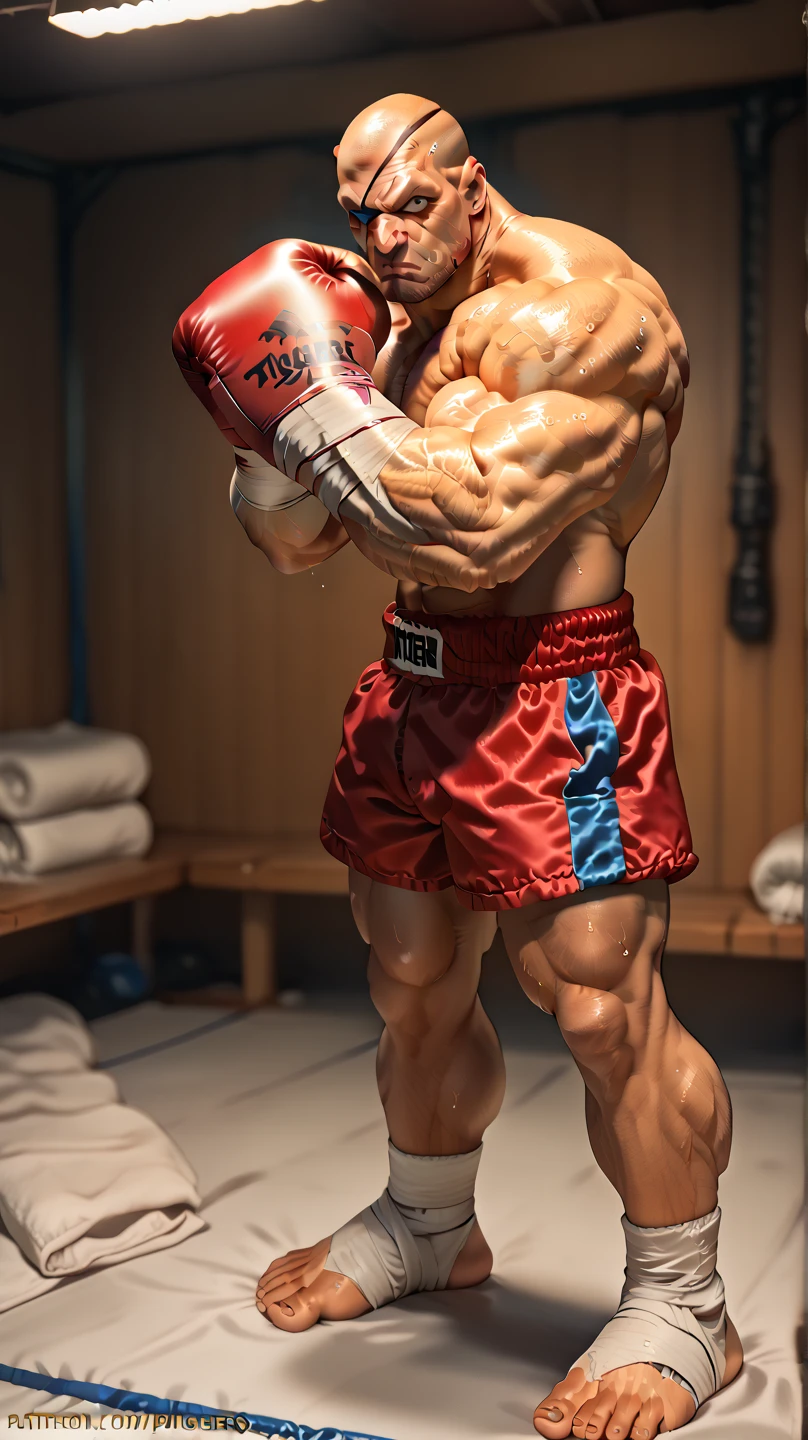 hairy, muscular boxer, has straight black hair on his chest, large flexed biceps, leather red big gloves oversized, laces and tapped and has his hands raised in a sign of victory, he is over a boxing ring, he wear small briefs and long boxing boots, short hair cut, show his hairy armpits, big muscles full of hairy