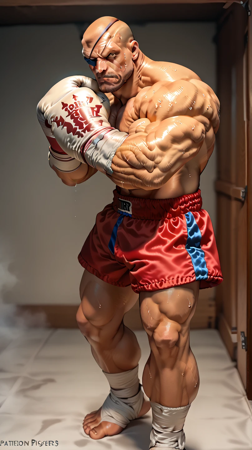 masterpiece, detailed, intricate, epic fantasy, colorful, full body, slight angle, professional bodybuilder, good-looking, 60 years old, hulking, brawny, ankle wraps, very hairy chest, skimpy revealing outfit, receding hairline, smirk, mercenary, blades, big ancient city gates, pointing away, depth of field, particle effects, high quality shadows