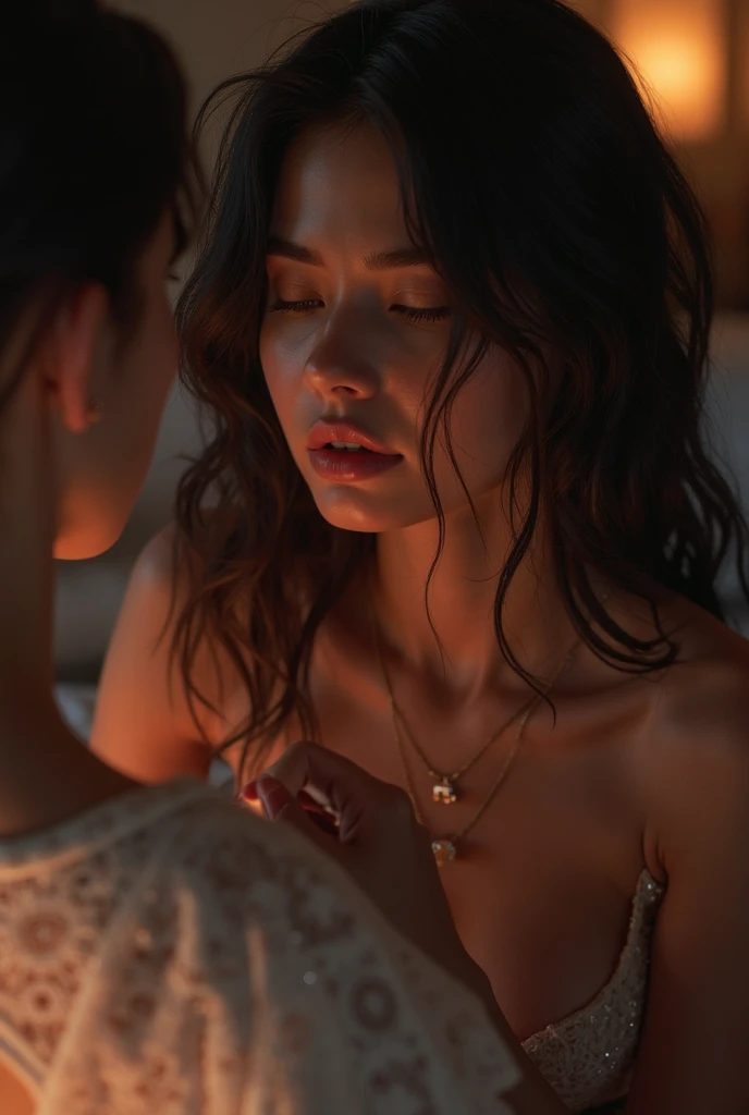 high resolution,Real,4K,50 years old,Mature Woman,Black medium hair,Naked Y-shirt,Hotel Rooms,With the man she was having an affair with,Stand in front of a man,A man touches my chest from behind,A dreamy look