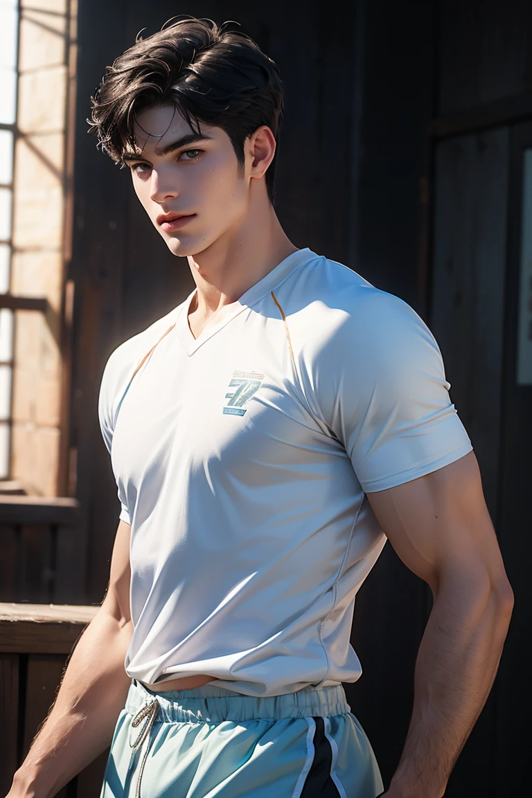 18 year old boy, White skin color, black hair, eyes a little slanted but not that much, tall, slim but athletic build at the same time