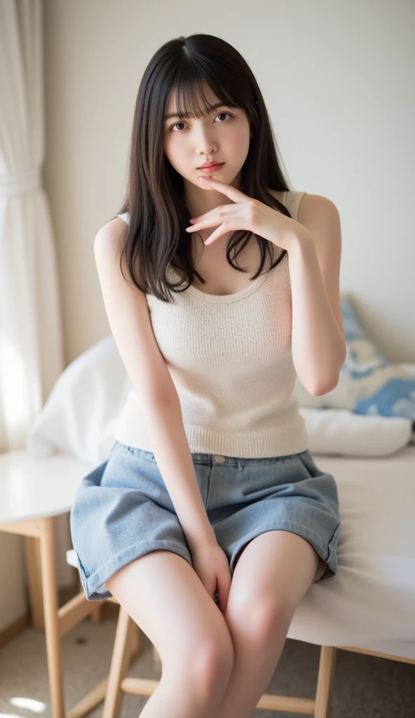 Photos of cute 18 year old Japanese girls、Detailed face、Tank top、mile、(Kneeling pose:1.4)、livingroom