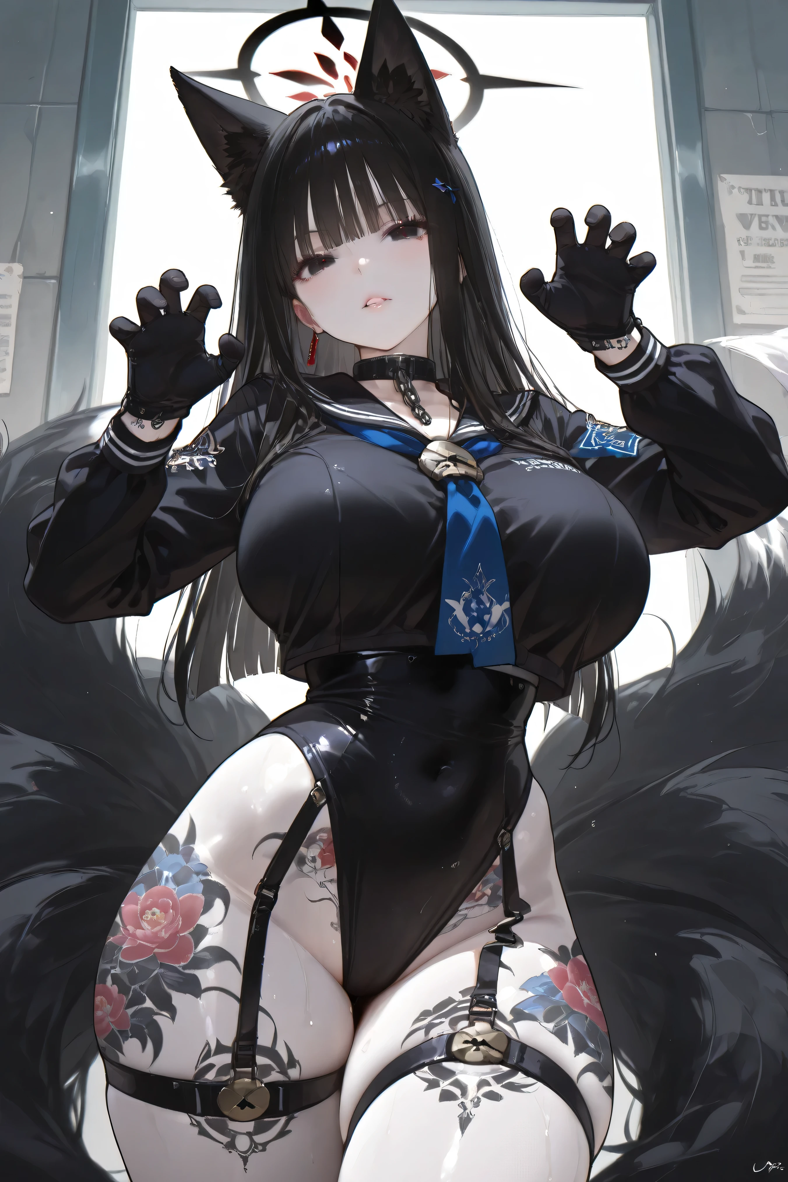 long black hair、 eyes without light 、Dark Eyes、black sailor suit、white skin、Nine tails、fox tail、Lots of tattoos、huge breasts、claw pose 、restraint、training、Lock、Jail、prison