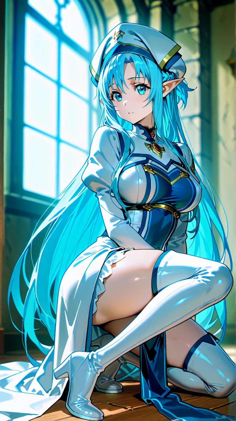 masterpiece, highest quality, realistic, beautiful lighting, 1 girl, bangs, Inside the futuristic base, squat, blue and white costume,