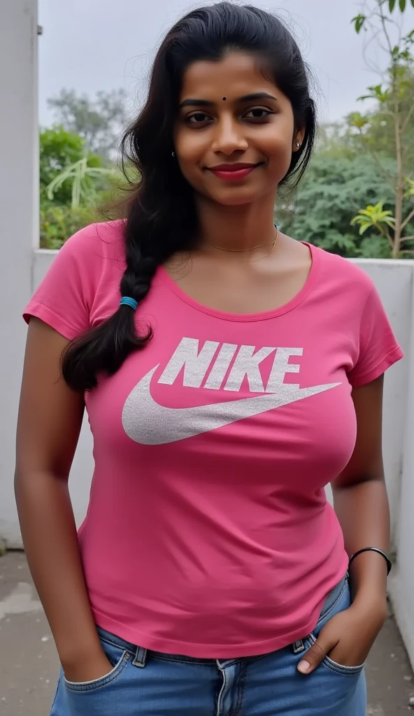 A photorealistic portrait of a 30-year-old Indian woman with big-sized breasts, wearing pink t shirt with pink denim shorts skirt ,She giving very adult seductive poses in park behind naked man big cock statue (dick statue), ((big cock statue in park)),captured in close up full-body shot, 8k resolution, with high detail and quality.