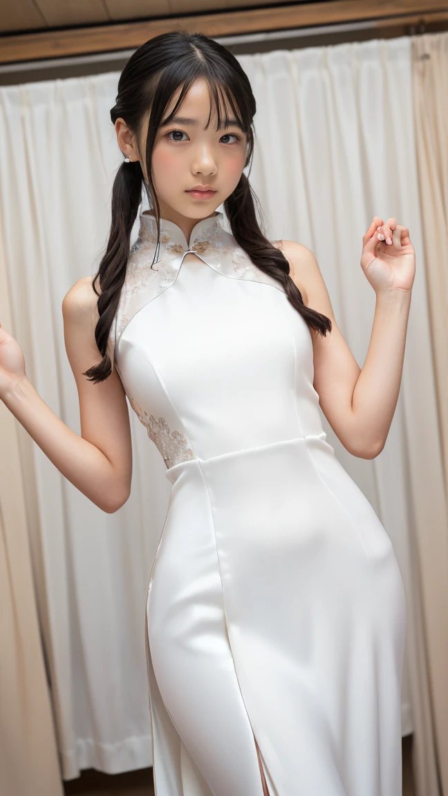 (((White Chinese Dress,Traditional Chinese Dresses,High-neck dress,Long dress,with line)))、(((Low Twintails、Curtain bang))),(High heels), Oily hands、Oily skin,Oily kipao,Wet hands、High heels、Dress up、32K、 One person、 female、Photorealistic Lighting、Backlight、Facial Light、Ray-tracing、(bright:1.2)、(Improvement of quality:1.4)、 (Highest Quality Real Texture Skins)、Beautiful Eyes,Delicate and elegant features, Chest close-up, (Improve your body line mood:1.1)、Good figure,Glowing Skin、、(Nogizaka Idol)、Sculptural Idol Pose、A small smile,blush,(Perfect teeth alignment),narrow waist and hips,、(((Tempting、Embarrassing))),