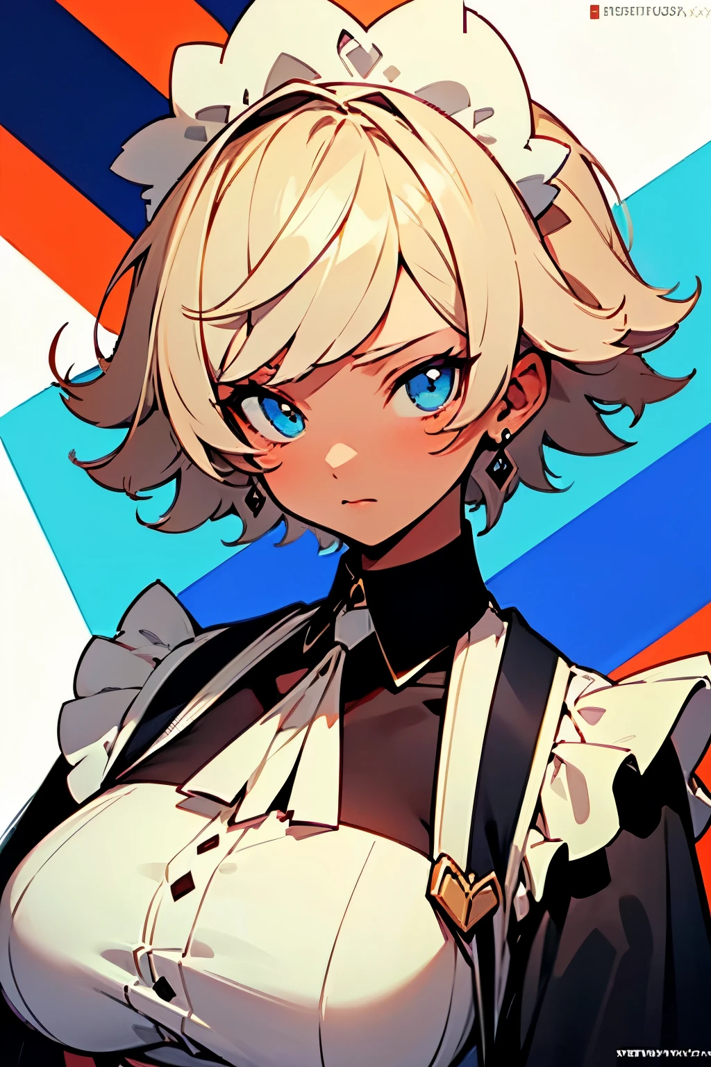 ((best quality)), ((masterpiece)), (detailed), perfect face, tanned, tomboy, short hair, maid, Sky Blue eyes, cream_hair_color, colored_skin, Big_breasts, crover bangs hair, closed_mouth, cool, tall, straight hair