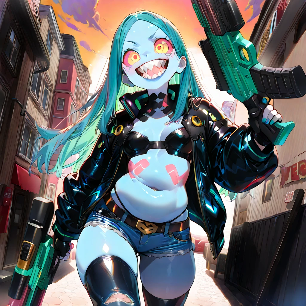 work of art, best qualityer, high resolution, 1 girl, Rebeca \(cyber punk\), standing alone, long hair, mechanical eye, colored sclera, red sclera, colored fur, Caucasian skin, tattoo on the leg, Neck tatoo, hair green, long hair, breasts small, Underwear, tusk, red students, skin tusk, Eyes red, Black jacke, standing, cyber punk house, Grinning