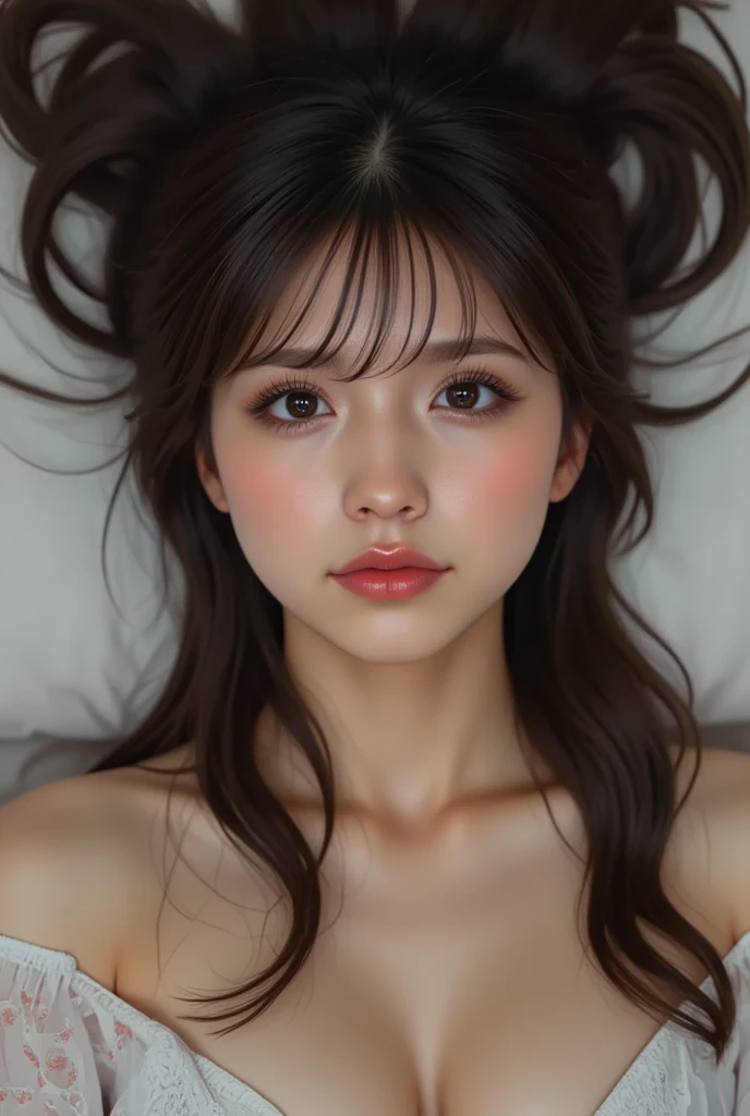 (UHD, retina, masterpiece, accurate, anatomically_correct, textured_skin, super_detail, high_details, high_quality, best_quality, high_res, 1080P, HD, 4K, 8k, 16k), (beautiful_detailed_eyes, beautiful_detailed_lips, extremely_detailed_eyes_and_face), soft_lighting, physically-based_rendering, vivid_colors, (large_breasts, glamorous_body:1.5), (shiny_hair, shiny_skin, tanned_skin, blush), (bangs:1.5), eye_reflection, (bokeh, simple_background, pure_background), (opening cardigan that exposes bare chest), smile_and_laugh, ((anatomically correct limbs, body parts that are properly attached to the body)), ([[[Close-up]]], High angle front view and full body shot of a woman), mature woman around 23 years old, lying on her back on the floor with her legs apart and her belly button exposed, wearing no clothes and no underwear and no panties and no socks on the lower body, wearing no underwear and no bra and no clothes and no lingerie except her cardigan on the upper body, genitals visible, having red lips and beautiful round breasts and beautiful pink areolas and beautiful pink nipples and wasp waist and wide hips and pink genitals and beautiful legs and attractive thighs and beautiful bare feet and messy bun blonde ultra long hair and smooth muscular body, being nude except her cardigan under nothing. No missing limbs. No missing body parts. No cropped limbs. No extra limbs. No extra body parts. No bad limbs. No bad body parts. The camear shows her face [and her cardigan] and her bust and her waist and her hips and her belly button and her thighs and her spread legs and her genitals.