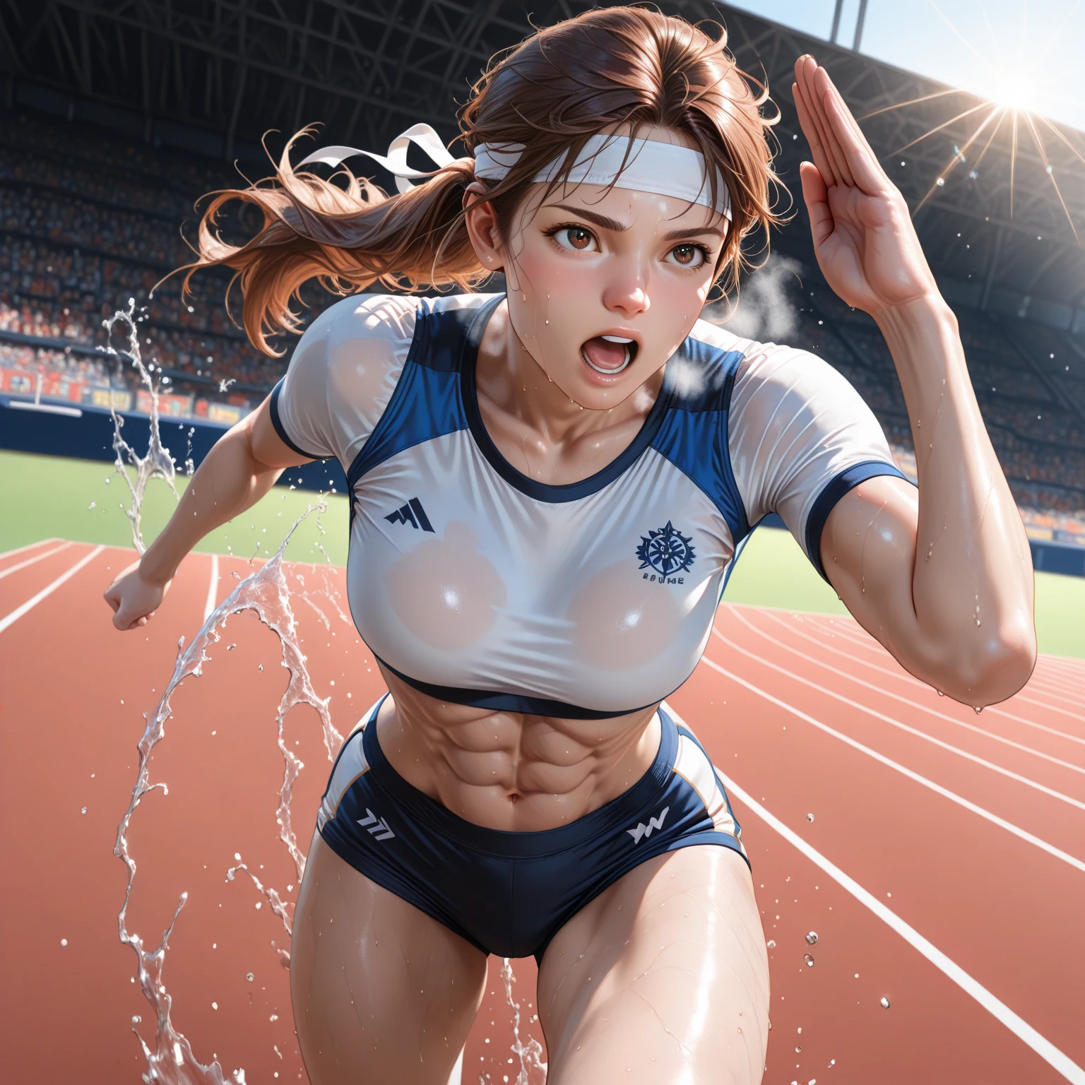 A female track and field athlete, 18 years old, drinking water from a water bottle, wearing a sports uniform, with black hair in a ponytail, red eyes, sweating, on a school sports field, bright sunlight, clear blue sky, summer, (best quality,4k,8k,highres,masterpiece:1.2),ultra-detailed,(realistic,photorealistic,photo-realistic:1.37),extremely detailed eyes and face,beautiful detailed eyes,beautiful detailed lips,longeyelashes,highly detailed athletic uniform,sweat glistening on skin,dynamic pose,sun flare,vibrant colors,cinematic lighting