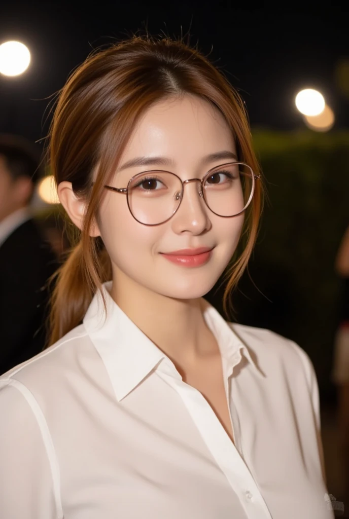 ((masterpiece)), ((最high quality)), (ultra-be familiar with),be familiar with face, realistic, portrait, high quality, be familiar with, blonde hair with highlights, bun hair, red glasses, Silk Camisole, Medium chest、necklace、earrings、bracelet、smile gently