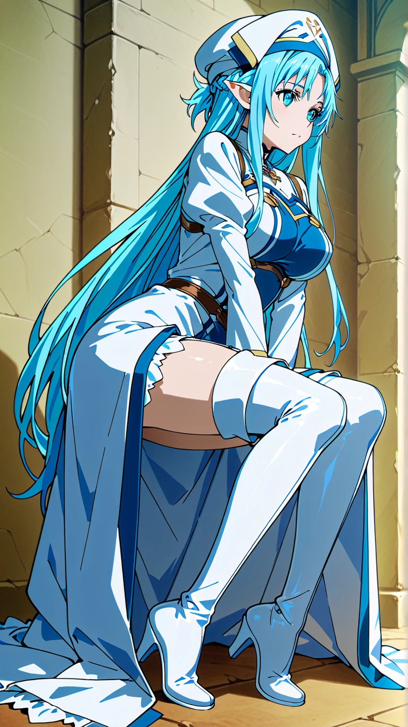 2D, HD, Detailed details, Detailed landscapes, beautiful lights, Beautiful Shadows, top-quality, Highly detailed, masterpiece, best quality, highres, dia viekone, white hair, blue eyes, crescent hair ornament, collared dress, bare shoulders, white dress, open jacket, blue jacket, mini breasts, closed mouth, smile, looking at viewer, anime, highly detailed eyes, cleavage, highly detailed face, full body, simple background, arms_behind_back, anime styeld