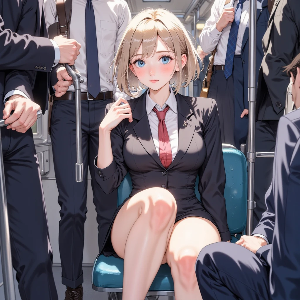(official art、highest quality、Unity 8k wallpaper、32K、masterpiece、super detailed、超high resolution、realistic、Photoreal:1.2)、(cinematic lighting:1.2)、fire glow effect、film grain、best shadows、rim lighting、side light、(Super detailed and complex 3D rendering)、Background like Makoto Shinkai、very beautiful background、detailed beautiful face and eyes、(Beautiful and sharp pupils)、masterpiece, high resolution、highest quality, ultla highres, maximum resolution, very detailed, professional lighting, beautiful skin, 28 year old woman、very pretty、((Inside the train、face to face、OL、Office Lady、suit、skirt lift))、((((sitting on the bench、spread her legs and show off her panties))))、bright hair color、blonde、neat bangs、bangs、dull bangs、(((sexual excitement)))、grinning、(((super low angle)))