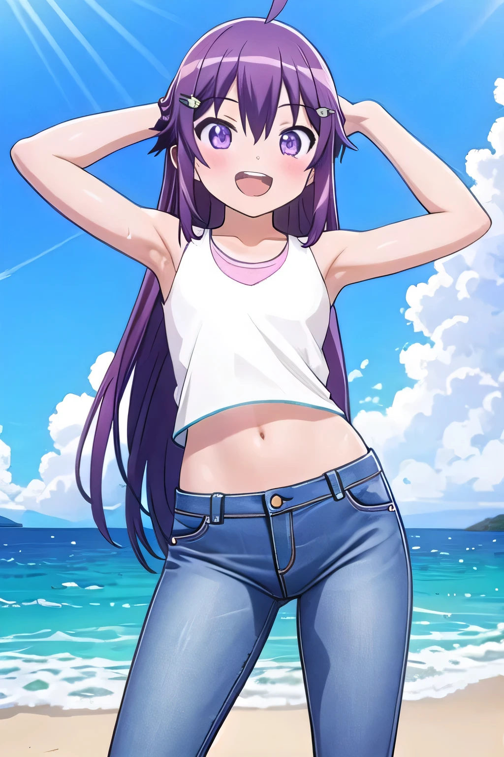 masterpiece, best quality, ultra detail, ((Perfect Face, perfect eyes, perfect hair, perfect arm)), 1girl, , petite, ((round face, ecstasy, orgasm face, drooping eyes, shame smiling, blush)), dropping eyes, sleepy, Open mouth, ((White teeth)), background((under the beach, (day:1.2), ocean, bright sky)), miku hatsune, ahoge, (purple eyes:1.2), (dark purple hair:1.2), crossed bangs, hair between eyes, hair ornament, (long hair:1.4), (straight hair:1.7), ((arms behind head, hands behind head, fingers behind head)), ((contrapposto)), spread armpits, looking at viewer, (pink tank top:1.2), (pink crop top:1.2), (jeans pants:1.2, flares jeans:1.2, skinny jeans:1.2, blue jeans:1.2), standing, (legs spread:1.4), sex pose, Sweaty crotch, Steam from the crotch, from below, whole body