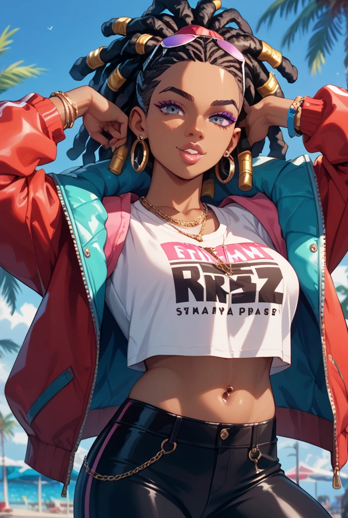 Black beautiful girl, Slender figure, big breasts, black hair, Green Eye Makeup, Anime style, Masterpiece, Simple background
