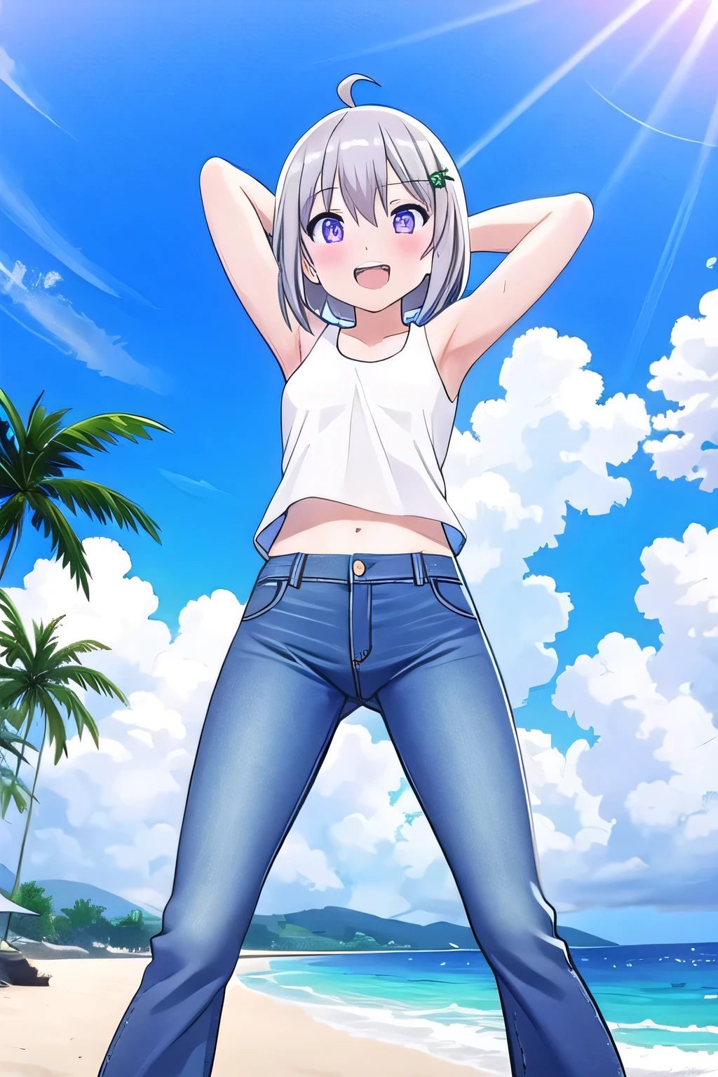 masterpiece, best quality, ultra detail, ((Perfect Face, perfect eyes, perfect hair, perfect arm)), 1girl, , petite, ((round face, ecstasy, orgasm face, drooping eyes, shame smiling, blush)), dropping eyes, sleepy, Open mouth, ((White teeth)), background((under the beach, (day:1.2), ocean, bright sky)), miku hatsune, ahoge, (purple eyes:1.2), (silver hair:1.2), crossed bangs, hair between eyes, hair ornament, (bob cut:1.4), (straight hair:1.7), ((arms behind head, hands behind head, fingers behind head)), ((contrapposto)), spread armpits, looking at viewer, (white tank top:1.2), (white crop top:1.2), (jeans pants:1.2, flares jeans:1.2, skinny jeans:1.2, blue jeans:1.2), standing, (legs spread:1.4), sex pose, Sweaty crotch, Steam from the crotch, from below, whole body