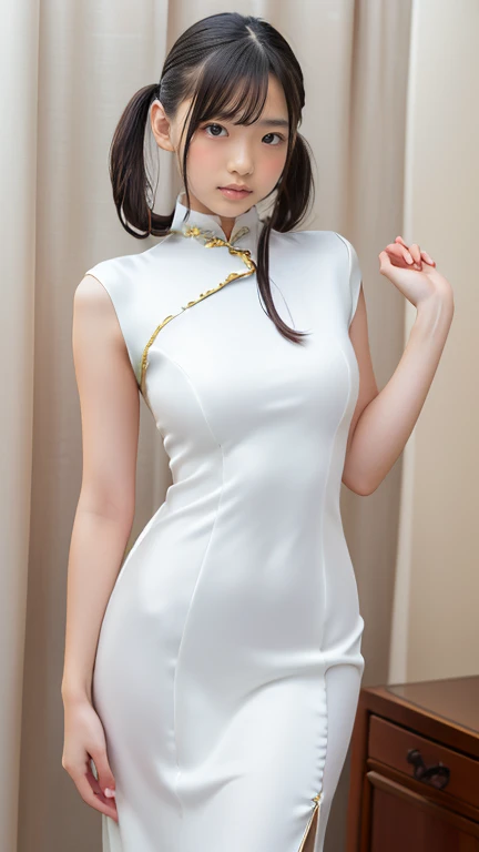 (((White Chinese Dress,Traditional Chinese Dresses,High-neck dress,Long dress,with line)))、(((short hair、Curtain bang))),(High heels),  Oily hands、Oily skin,Oily kipao,Wet hands、High heels、Dress up、32K、 One person、1 female、Photorealistic Lighting、Backlight、Facial Light、Ray-tracing、(bright:1.2)、(Improvement of quality:1.4)、 (Highest Quality Real Texture Skins)、Beautiful Eyes,Delicate and elegant features, Chest close-up, (Improve your body line mood:1.1)、Good figure,Glowing Skin、、Nogizaka Idol、Sculptural Idol Pose、A small smile,blush,Beautiful actress、 (((Medium Bust,Beautiful breasts))),(Perfect teeth alignment),narrow waist and hips,Beautiful long legs,Full Shot)、(((Tempting、Embarrassing))),(eye shadow),((Red cheeks、Red lips)),Super beautiful night view、at night、blush,A small smile,(((Cowboy Shot)))、