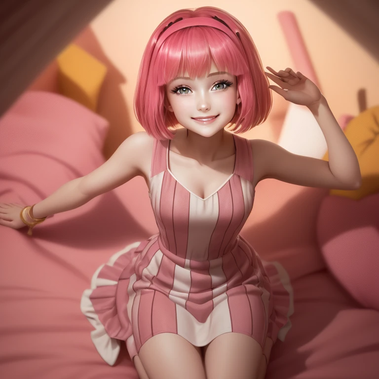 1 girl, asian face，Sitting alone on the bed， Wearing pink lace transparent underwear+Sling fishnet socks，shy expression, blush and smile, big breasts, big blue eyes, red short hair, Slightly fat，The meat is plump，Realistic，masterpiece。