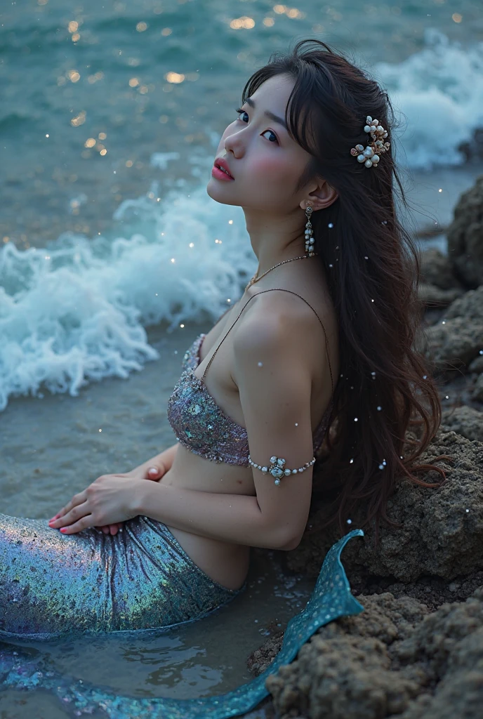 “((best quality))”, “((masterpiece))”, “(detailed)”, post-Impres, exquisite face, delicate luster, blue pupil, sea shell bra, squame texture, mermaiding rubber kawaii, fish tail, mermaid tail, expressionless, black hair, girl, bra, mermaid tail, latex material, rich details, delicate face, soft lines, perfect facial proportion, detailed cg, 24k, hd, full body portrait, unreal engine, rich details, realistic painting style, super clear. tight, tightly wrapped.Chinese oil painting style.
background is the sea and moonlight, front view, upper body portrait, long hair draped over the shoulders, looking at the camera, the light passes through her, forming sparkling stars, shining in front of them, creating a dreamy and romantic scene. She wears exquisite makeup, a pair of purple big eyes. and earrings made of crystal glass.In digital art style.“((best quality))”, “((masterpiece))”, “(detailed)”, post-Impres, exquisite face, delicate luster, blue pupil, sea shell bra, squame texture, mermaiding rubber kawaii, fish tail, mermaid tail, expressionless, black hair, girl, bra, mermaid tail, latex material, rich details, delicate face, soft lines, perfect facial proportion, detailed cg, 24k, hd, full body portrait, unreal engine, rich details, realistic painting style, super clear. tight, tightly wrapped.