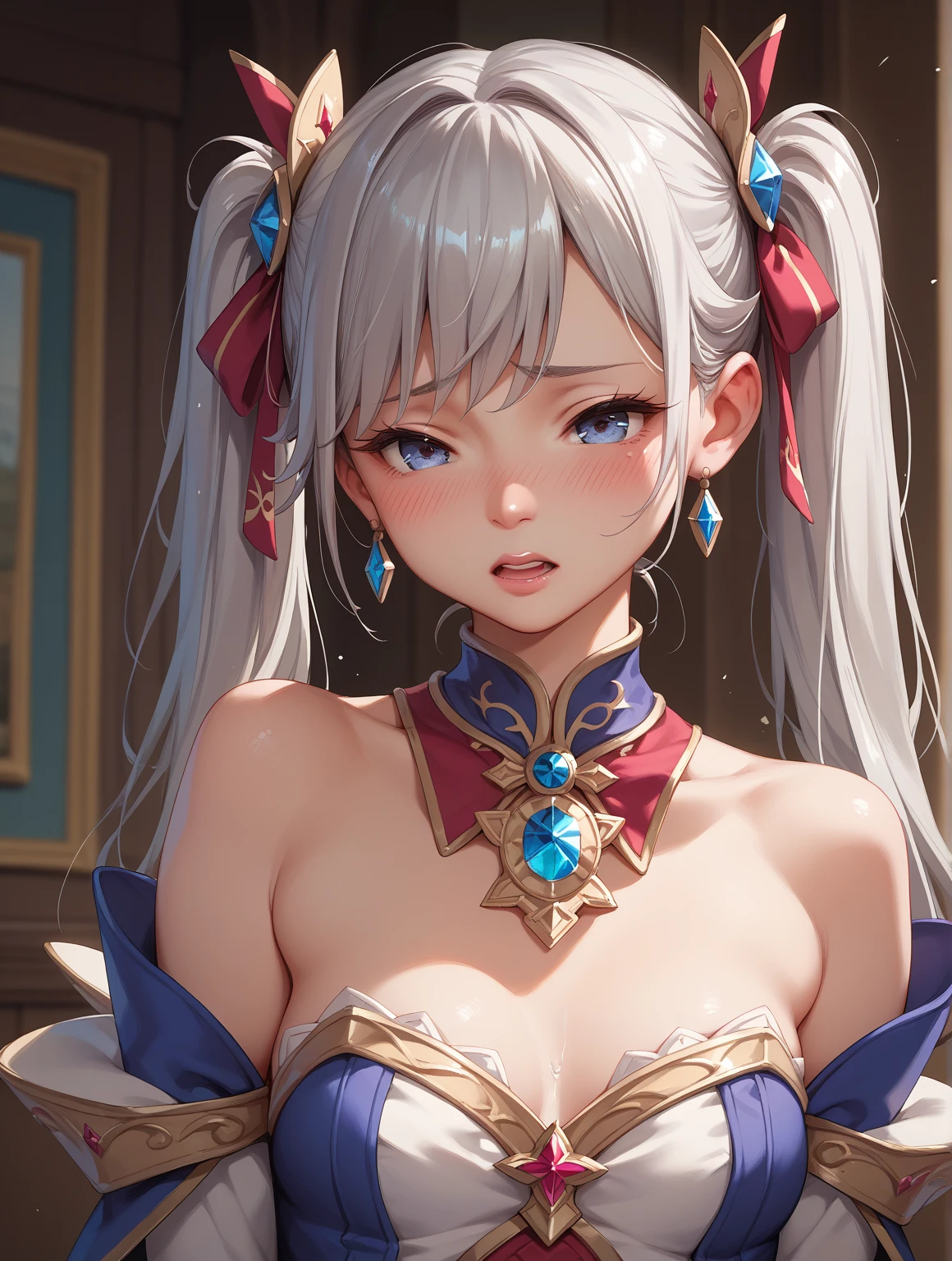 (masterpiece, best quality, ultra-detailed, best shadow), (detailed background), (beautiful detailed face), In a dimly lit cyberpunk nightcity, a stunning Japanese woman lies provocatively on the edge of a sleek, pale skin, silver metallic fabric bikini-clad pool. Her messy bun hair is tousled, and her seductive face beams with a flirtatious gaze straight at the viewer. Some cyber tattoos on her body. Her blue eyes sparkle with a hint of blush as she showcases her curvy figure and natural, saggy big breasts, adorned with a diamond anklet around her neck. Silver hair wraps around her arm, and a silver armlet circles her wrist. The background is blurred to emphasize the subject's allure, as if bathed in a warm summer nightlight. A hint of cyberpunk chic infuses the scene, with red fingernails adding a pop of color.
