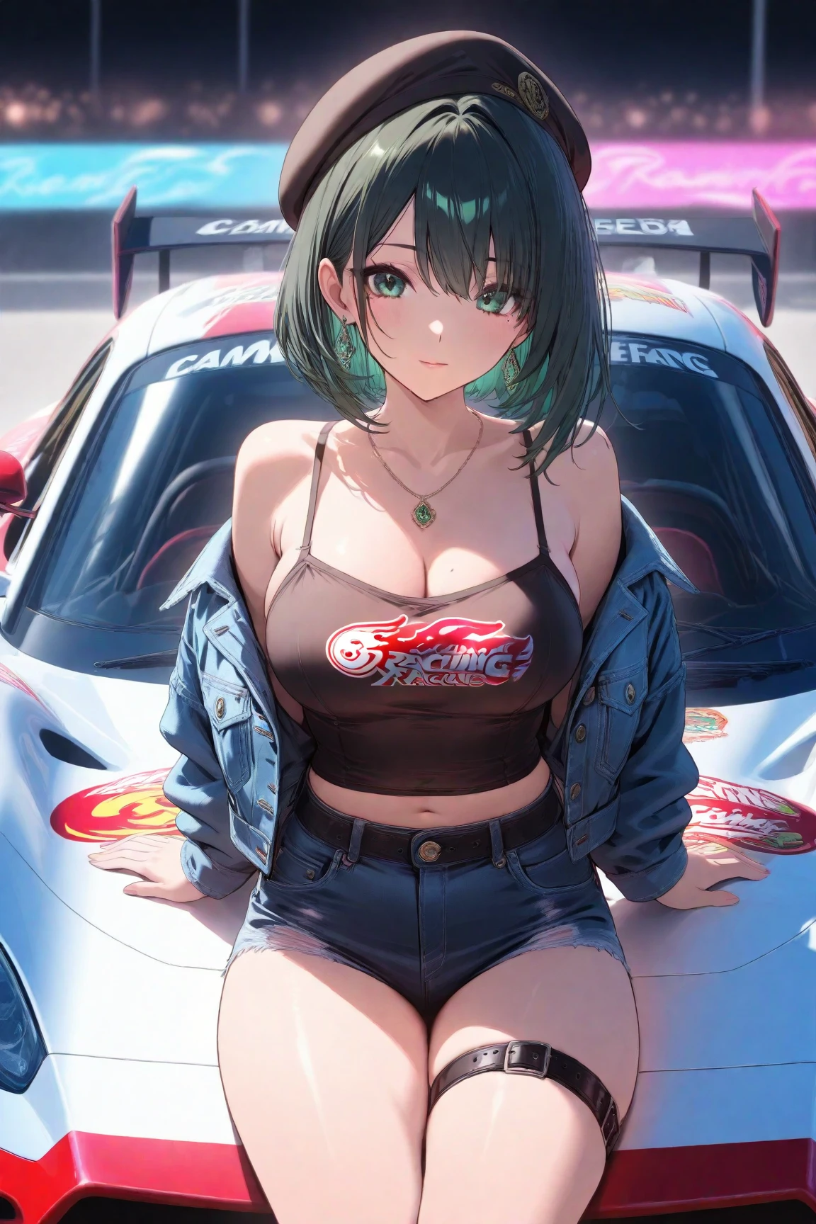 sexy paddock girl ,{{{{{ badly torn leotard}}}}} ,sitting on bonnet and trying change clothes , shooting from the front, motorsport, bare belly button, bare shoulder, ,off shoulder, ultra-thin pants, full breasts, {{{large breasts}}}, {{{{{{ comic magazine}}}}}},unzipped,futuristic car