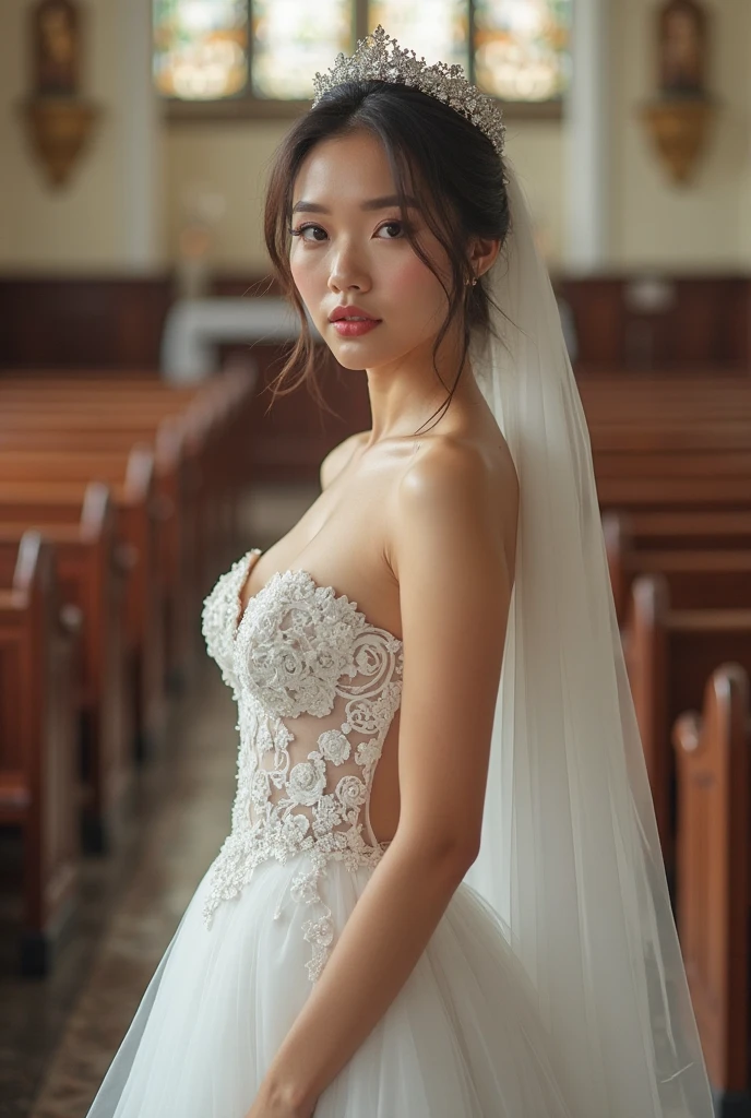 extremely beautiful asian woman, wearing wedding clothes, full body portrait,  woman body shape, (nude:1.5), (small sized tits:1.2), (nipples, clean shaved vagina:1.3), (small sized tits:1.2), inside the church, (smooth skin:1.5), extremely detailed, (32k, RAW photo, UHD:1.2, captured by Hasselblad X2D), ultra detailed, ultra high resolution