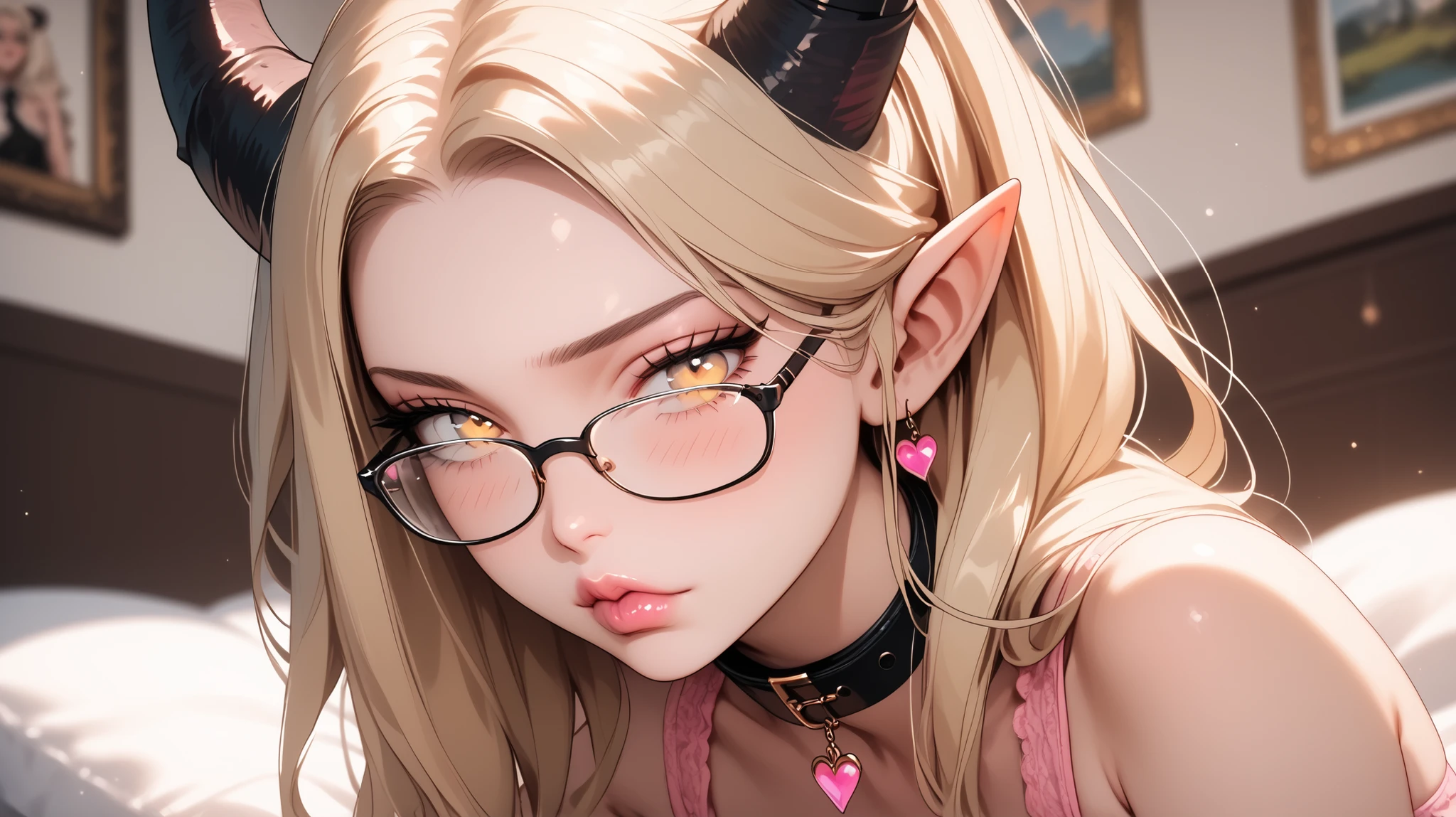 beautiful, high quality, tiefling, sitting in a sexy position , looks down , tail ,sadness, cute face, black big horns, yellow eyes, blonde, glasses, bedroom , blurred background, posing, realistic natural light, pink detailed lips, long lashes , good anatomy,, seductive look pink panties, Black bow, black collar