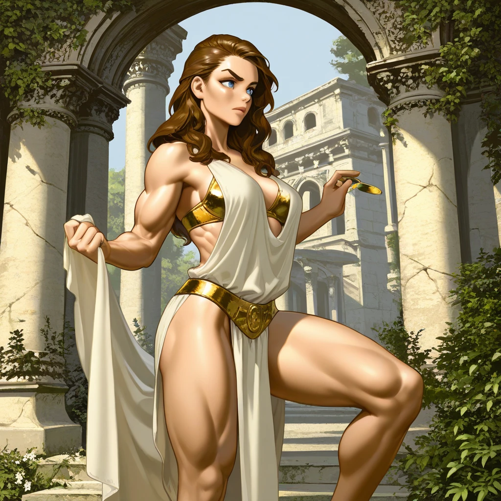 elf, fantasy monk amazon adventurer, skin with freckles, cruel grin, plump lips, red-haired, very long and thick braid, green eyes, sports figure, white monk tunic, Sandals, detailed portrait, jungle temple, standing pose