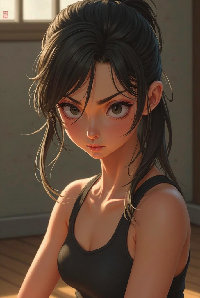 ((best quality, 8k, masterpiece :1.3)), I am only a translate agent :1.3, (messy hair :1.2), oversized tank top :1.2, The face is very detailed, Detailed Eyes, double eyelids, Armpit