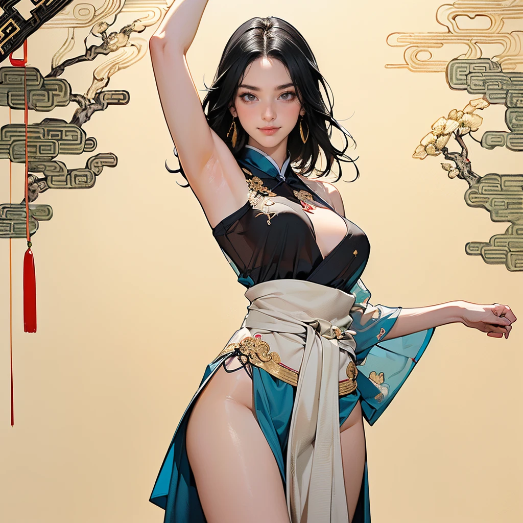 An ancient Chinese beauty, charming temperament, flowing long skirt, clear face, beautiful eyes, osmanthus surrounding, perfect body structure proportional masterpiece, super detailed, epic composition, color tattoo art, new traditional tattoo art, SD tattoo design, color tattoo art, mysterious warm and friendly atmosphere, hyper-realistic painting, super HD, high quality, highest quality, 32k --v 6