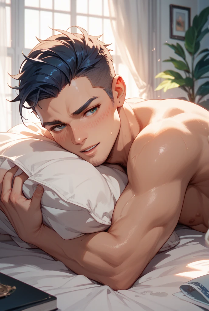 Create me a Marvel Comic panel of a gorgeous handsome cute mexican boy
yeart has light medium tan skin with silky black hair with blue glowing streaks in, has blue glowing eyes, boxers bending over in bed