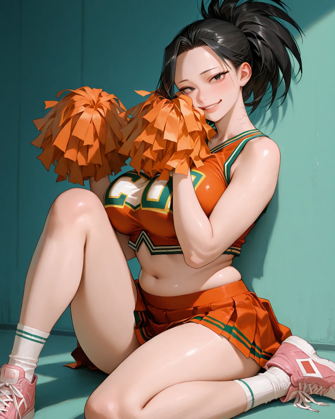closeup, Sluisap, eyes、usnr、GBF_style、748cmstyle、32K、Semi-realistic、 super detailed description 、Artwork、Original Works、 detailed color、 detailed eyes、 detailed lips 、 The Greatest Masterpiece、Professional work、Big Breasts、 sexy、 My hero academia chracter、Momo Yaoyorozu, Momo Yaoyorozu, blue sky background、 cowboy shot clevage, black hair, tied up in a ponytail,side swept hair covering the one side of the face, full length, full frame, wearing orange, green strips crop top, orange green strip mini skirt, cheerleading uniform, bare thighs, socks green lining, pink sneakers, holding cheerleading pompoms on both hands, parted legs, sitting on the ground, posing, sexy figure, athletic figure, clevage, very blushed face, perfect finger 1.3,full lips, plump lips, looking at the viewer, sexy, seductive grin, lustrous, flirty