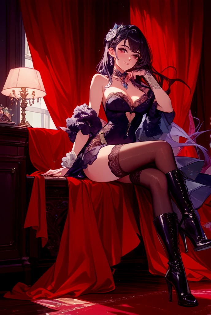 Beautiful wife 30 years old，sit down，theater，Blushing，Shy，Smile，Ear，ring，Big breasts，cleavage，Black wavy short hair，Lace exposed，Look at each other，（skirt lift），（Tiny lace and tiny lace panties)、patterned shirt、mini skirt、High heel，stockings