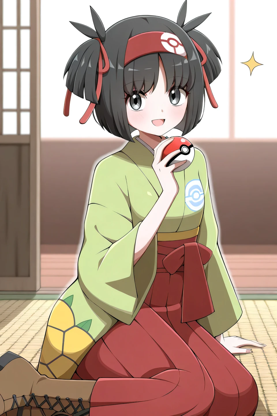 Erika_(pokemon), 1girl, solo, bob_cut, short_hair, black_hair, hair_ornament, straight_hair, blunt_bangs, blunt_ends, two_side_up, hair_ribbon, red_ribbon, alternate_hairstyle, hairband, red_hairband, grey_eyes, eyelashes, kimono, green_kimono, hakama, red_hakama, hakama_skirt, poke_ball_print, poke_ball, holding, holding_poke_ball, brown_boots, boots, happy, excited, open_mouth, smile, yokozuwari, sitting, beautiful_detailed_eyes, portrait, masterpiece, best_quality, intricate_details, looking_at_viewer, absurdres, artist_shabana_may