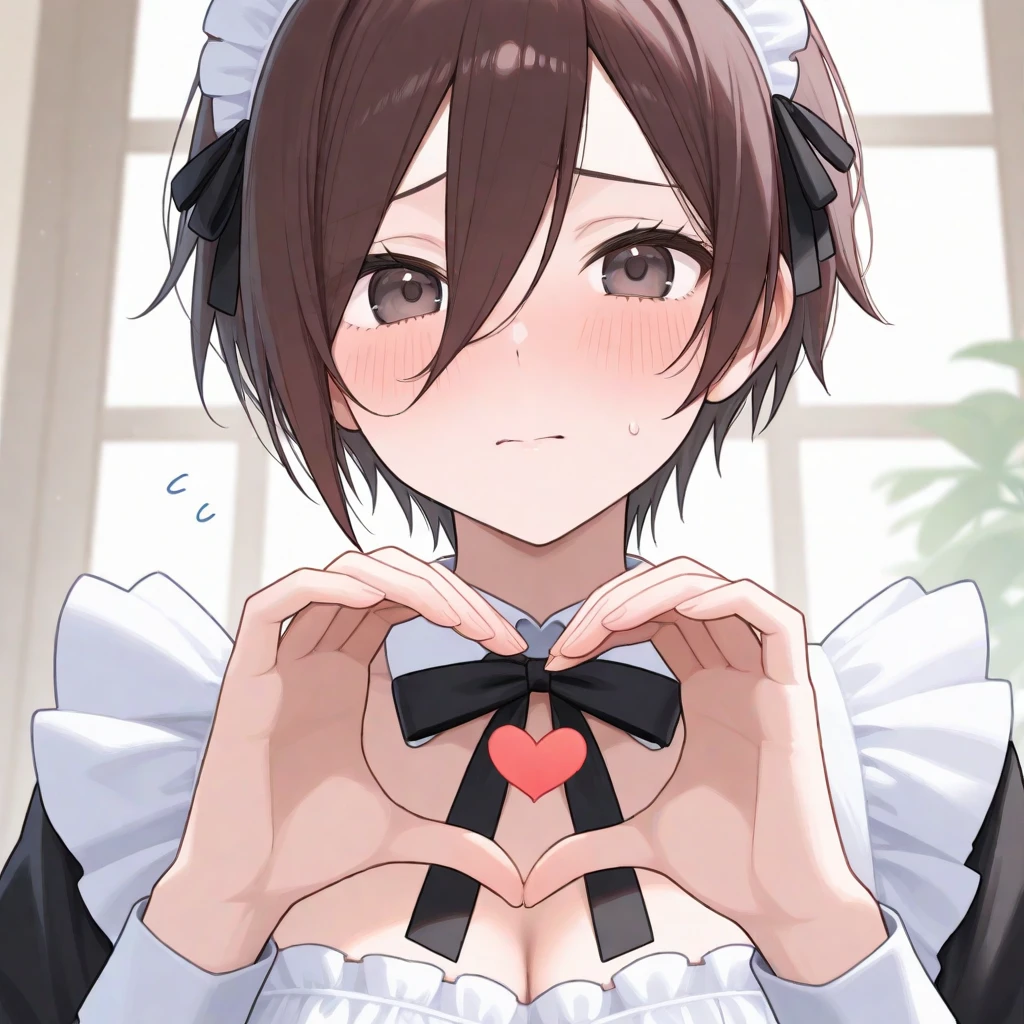 1girl,
arima kana,
bob cut, looking at viewer, inverted bob, maid apron, collared dress, bow, upper body, short sleeves, parted lips, red hair, :o, maid, bowtie, black dress, v, long sleeves, black bow, black bowtie, simple background, short hair, black apron, v-shaped eyebrows, pink eyes, puffy sleeves, apron, grey background, hand up, heart, puffy short sleeves, dress, blunt bangs, solo, heart hands, maid headdress,
score_9, sfw
<lora:pony_char_arima_kana-000011:1>
