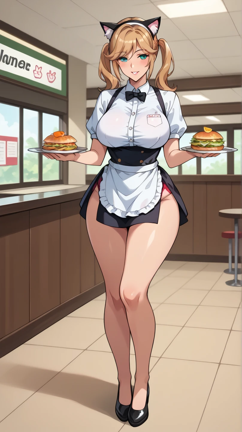 Boob Tray、One Woman、beautiful girl、waitress、20-year-old、Side Ponytail、restaurant、waitressの制服、Short skirt、Black Pantyhose、Holding the tray、Highest quality, smile,, Big Ass、Big Breasts、Very big 、Place your breasts on the tray、breast enhancement