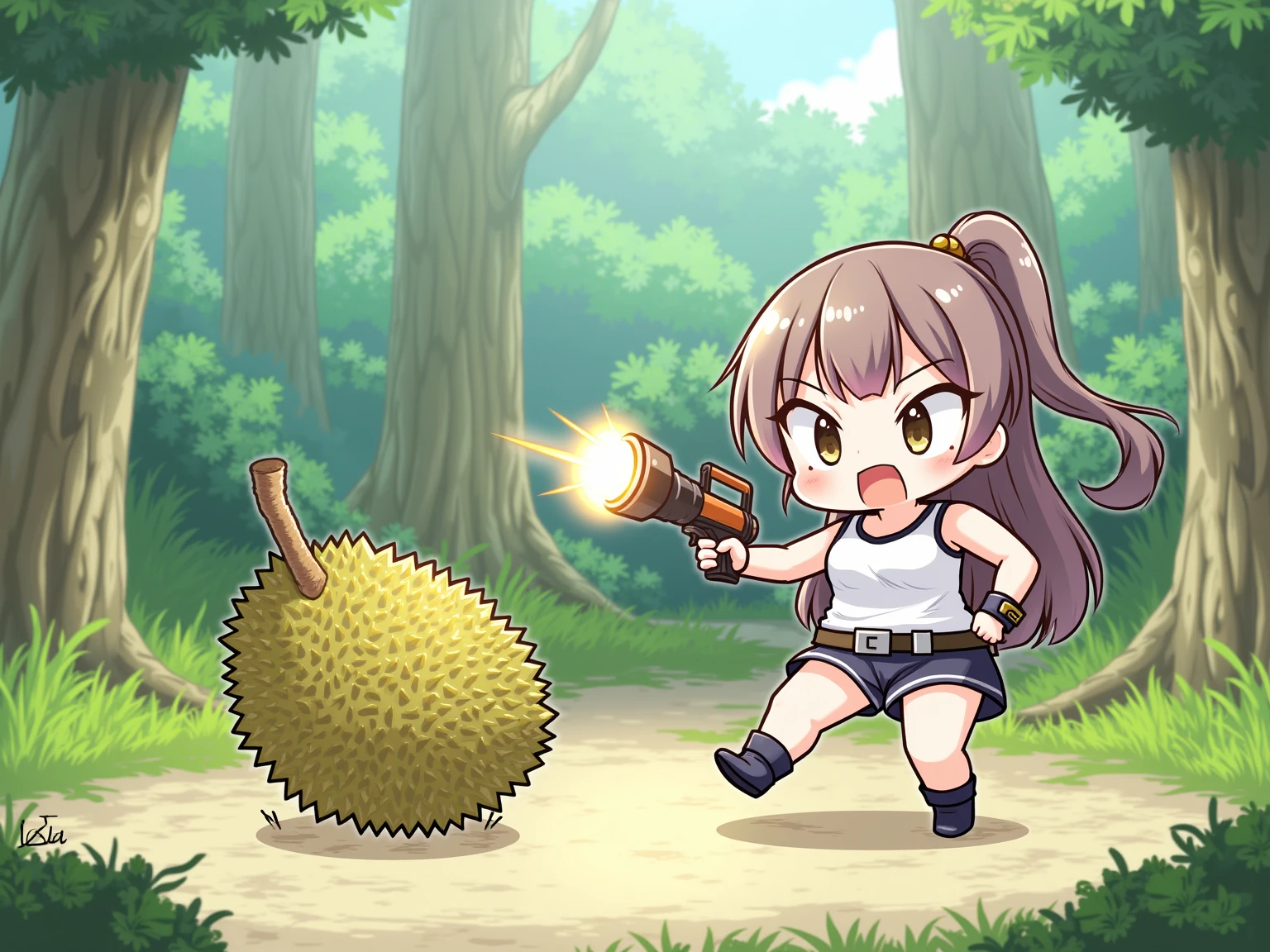 an animated character is in the background of a video game screener and an image of a girl in an with a sword on her shoulder and her breasts spread out