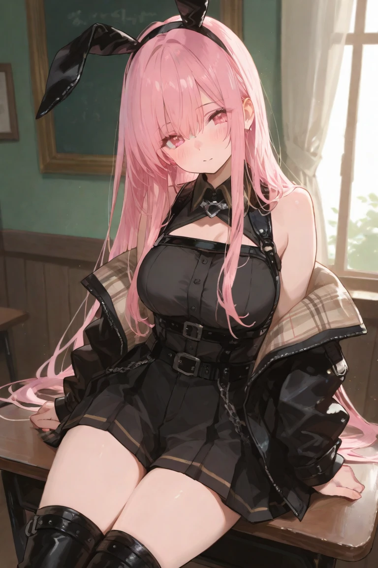 best quality, insanely detailed, nino nakano, breasts, blush, outdoor background, bare-shoulder, looking at viewer, garter strap, a black ribbon, stockings, highleg leotard, pussy, smile, spread legs