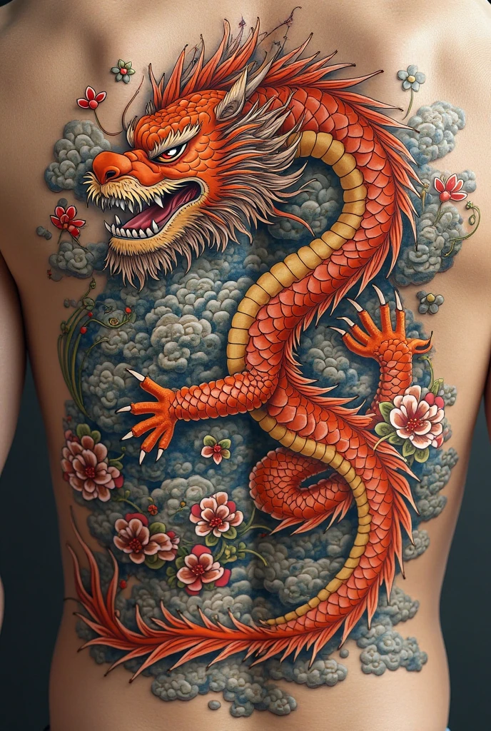 Get a tattoo of a red Japanese dragon with fire and past lives, sun and moon and the planet Saturn large in the background and nature on the back of a white woman