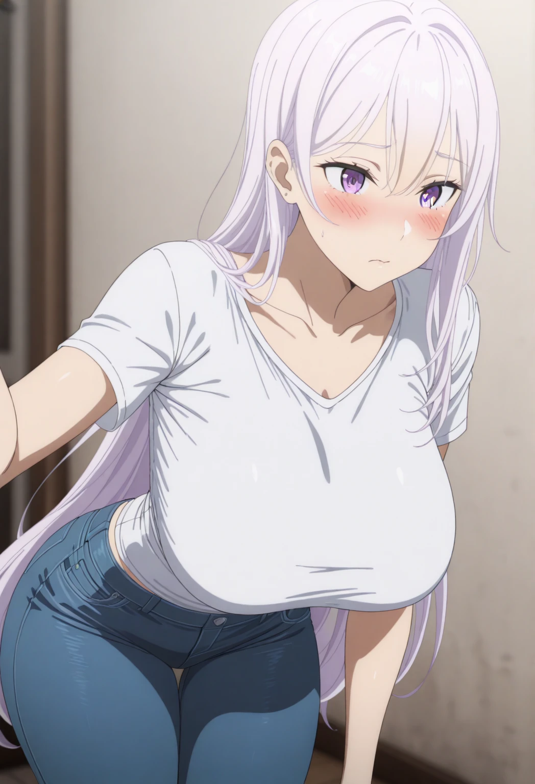 grabbing her breasts pose, blue towel, infront of luxury toilet background, rossweisse, (1 girl), anime cels style, best quality, high resolution, 1girl, (huge breasts:1.2), beautiful face, grey hair, aqua eyes, long hair, rossweisse hair, hair ribbon, cowboy shot, blush, embarassed, looking at viewer