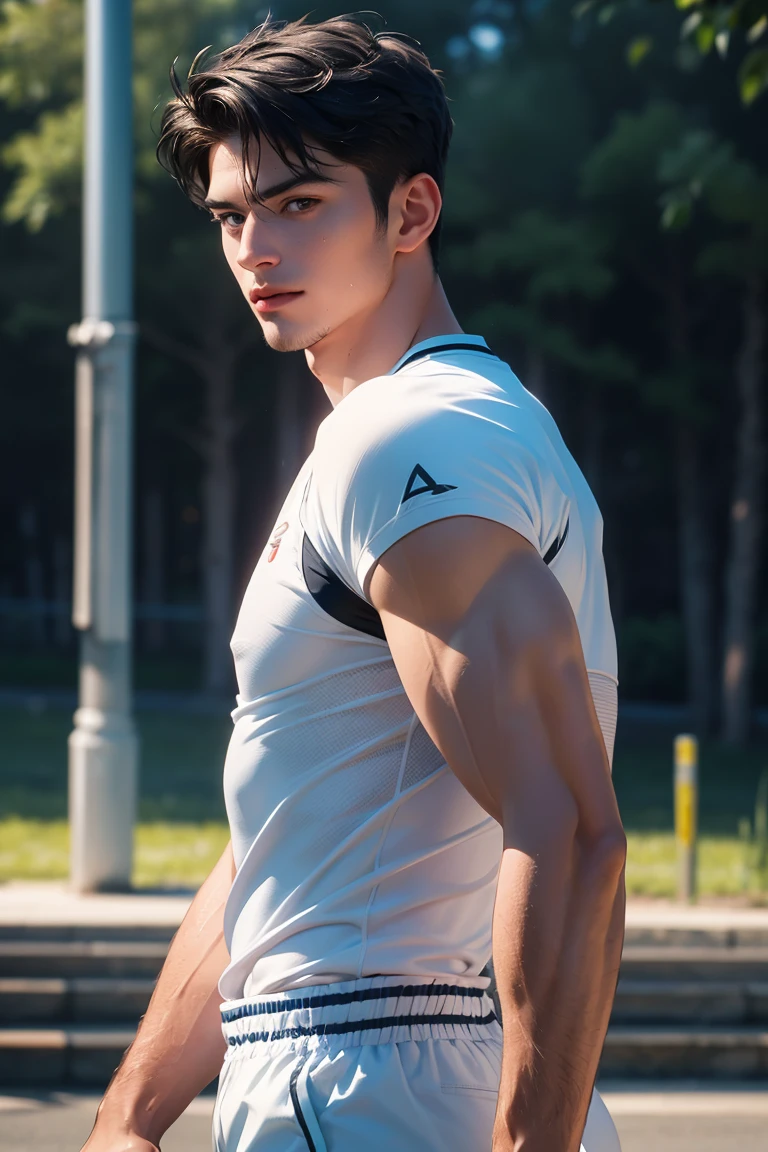 Boy, teenager, 19 years old, With perfect, round shiny buttocks, SWEATY BODY,Front light, wet thong, The sun shone on front off his body, Very wet body, sweating, exposing his sexy chest, Very hot sunny day, Fluffy chest, Curly Short hair , squat pose, on the sport field, seducing, just Wearing wet white Tiny thong exposing his big bulge, very wet body, fit body, teenager, Very young teenager boy, sweat covering all over the body, Sweat dripping all over the body, The colors are bright and vibrant, enchancing the overall aesthetic, oil painting, sand beach、natta、Sateen、obscenity、Metamorphosiecha musume、White-haired twin-tailed、、Big red eyes、red blush、deadpan、Tears、Spit、Beautiful abs、、discreet breasts、octopus、Rear bottom view((Tentacles wrapped around arms, legs, inserted into anus))Touching the crotch,  Only guys, boys, young men, men